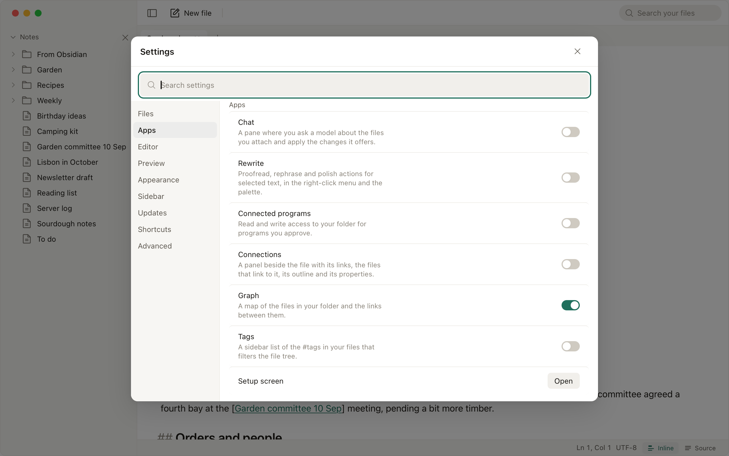 Settings, Apps: one switch per app, Graph switched on