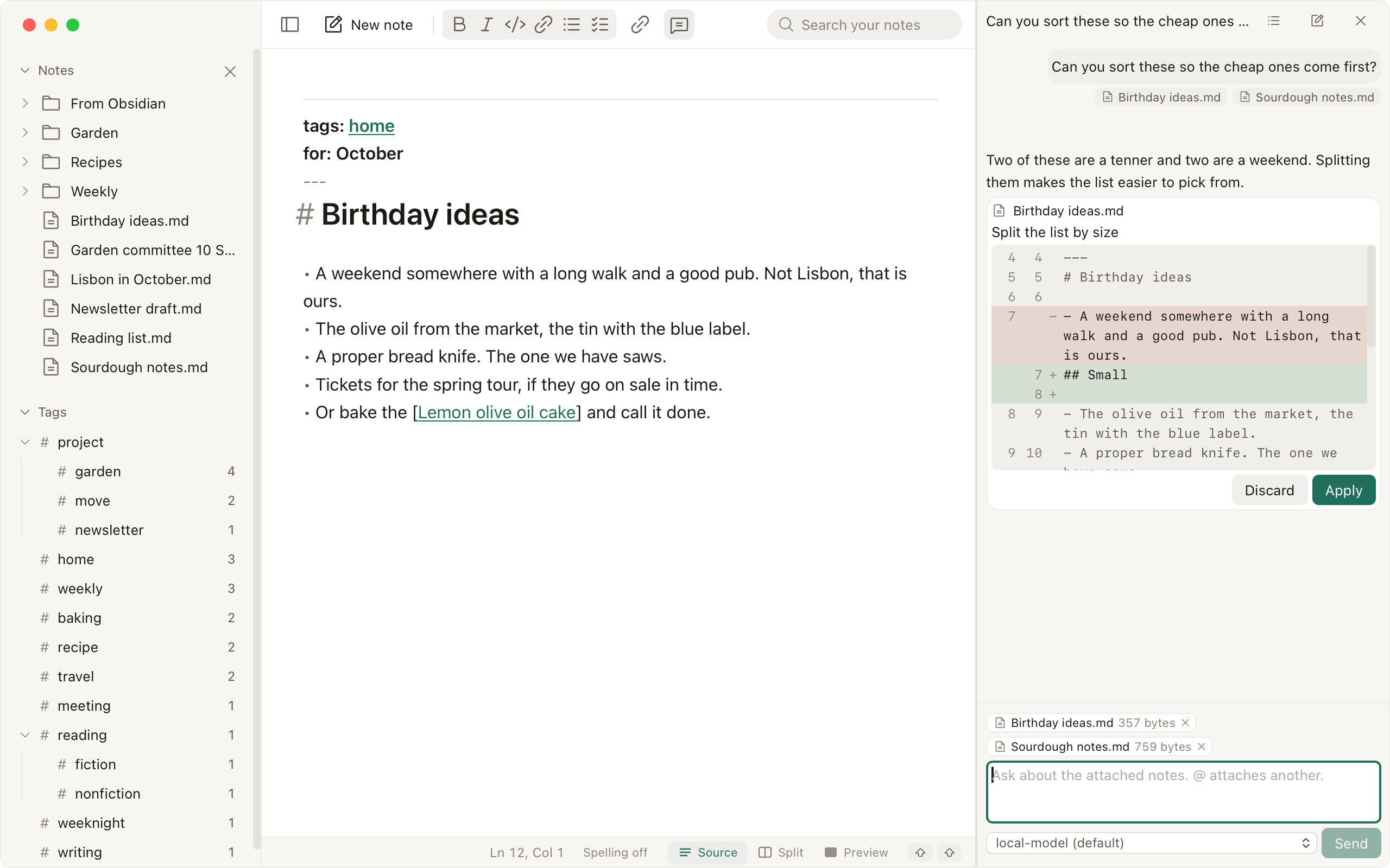The chat pane beside a note: the attached notes as chips, a rendered reply, and a proposed edit shown as a diff