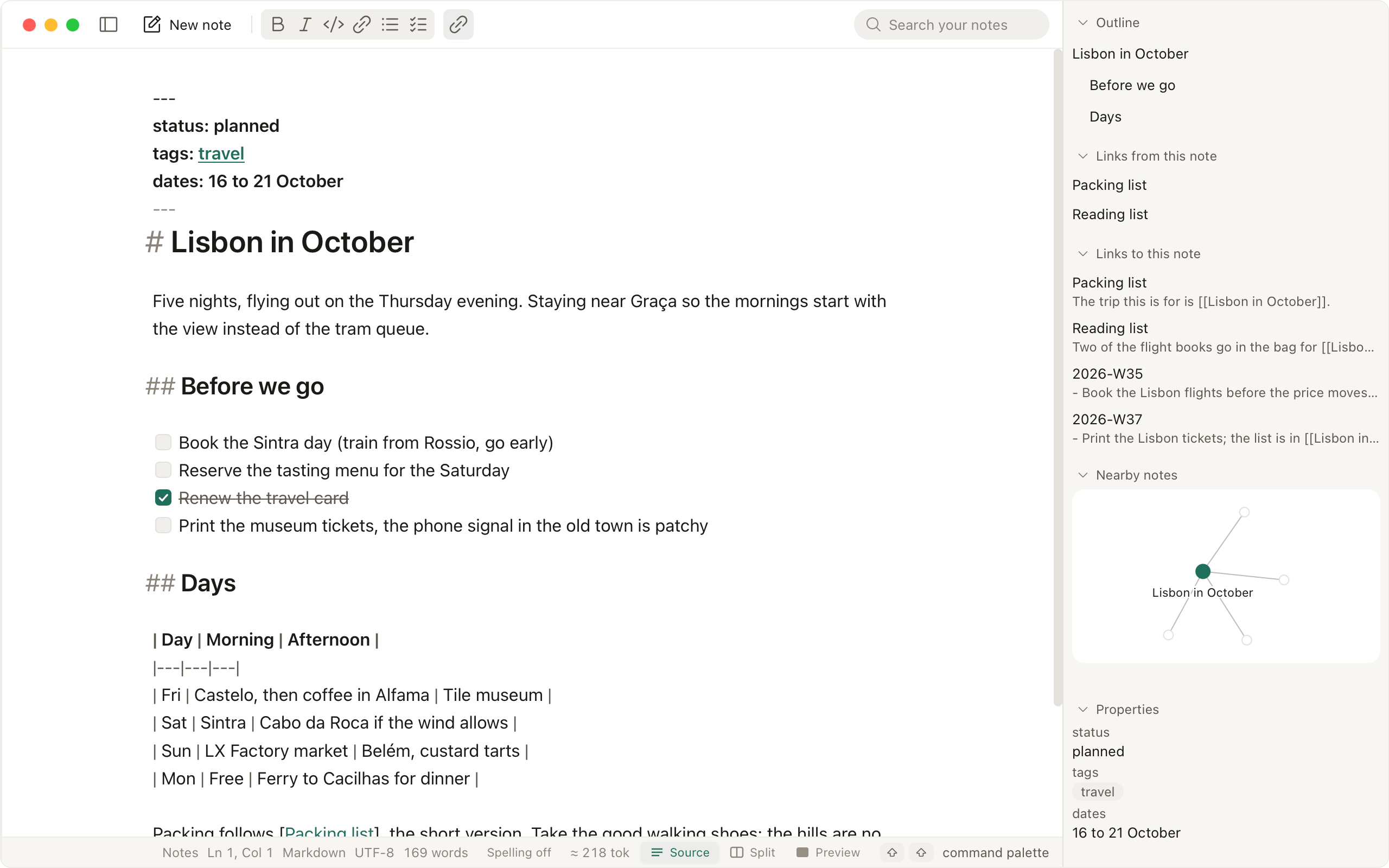 A note with the Connections panel beside it: the notes that link here, the outline and the properties