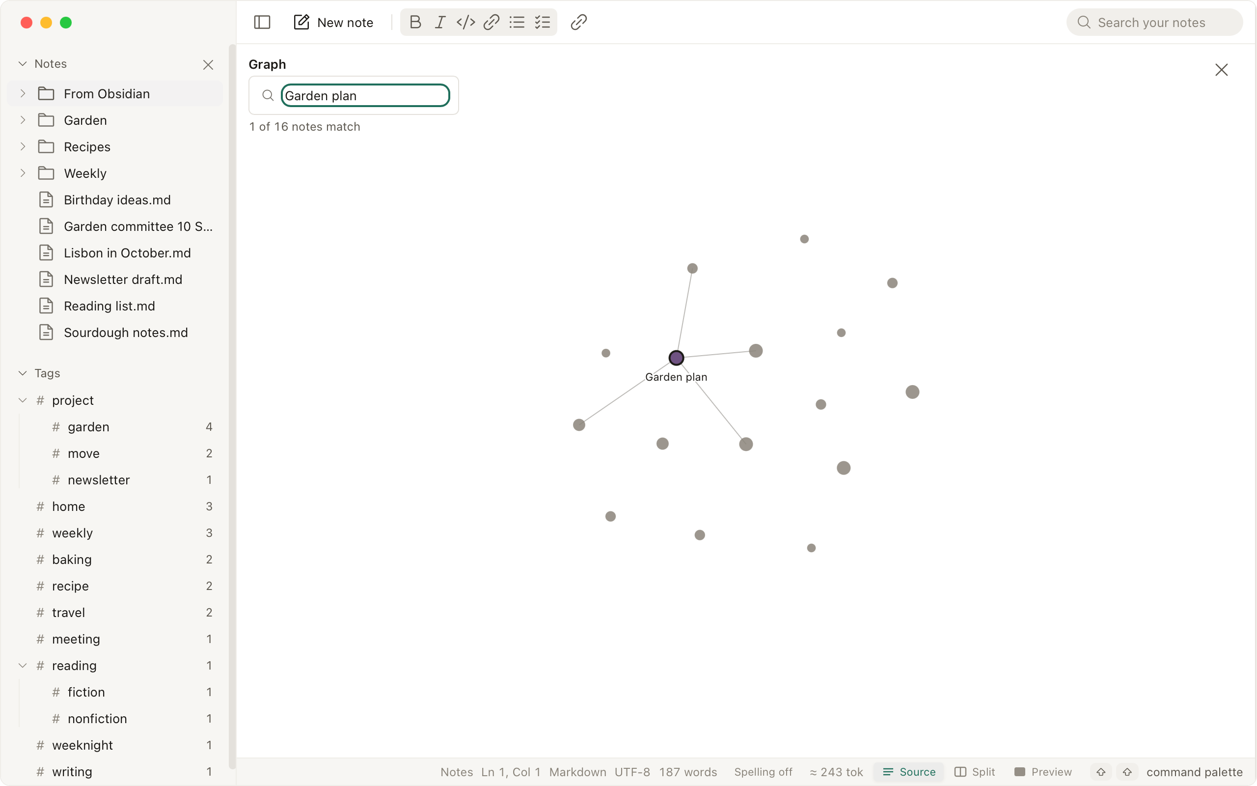 Graph view of a whole notes folder, one color per folder