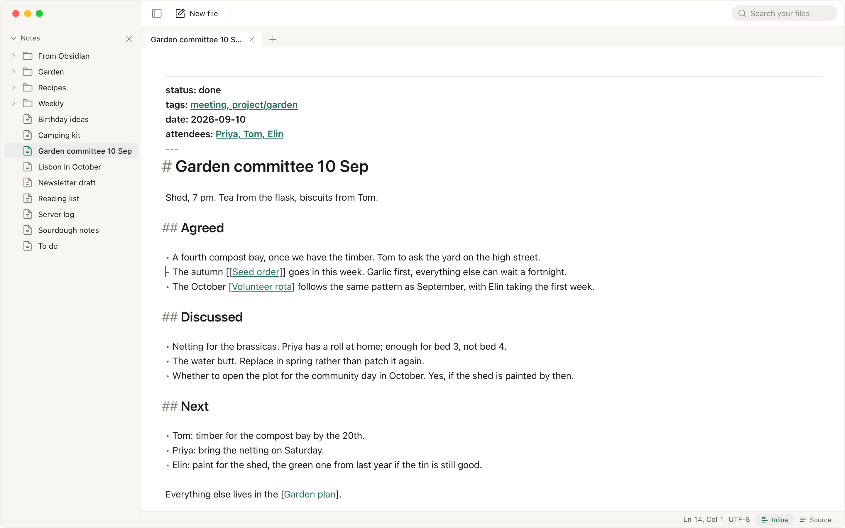 The Writ window: the folder in the sidebar and a Markdown file rendered inline, the line being edited showing its markup