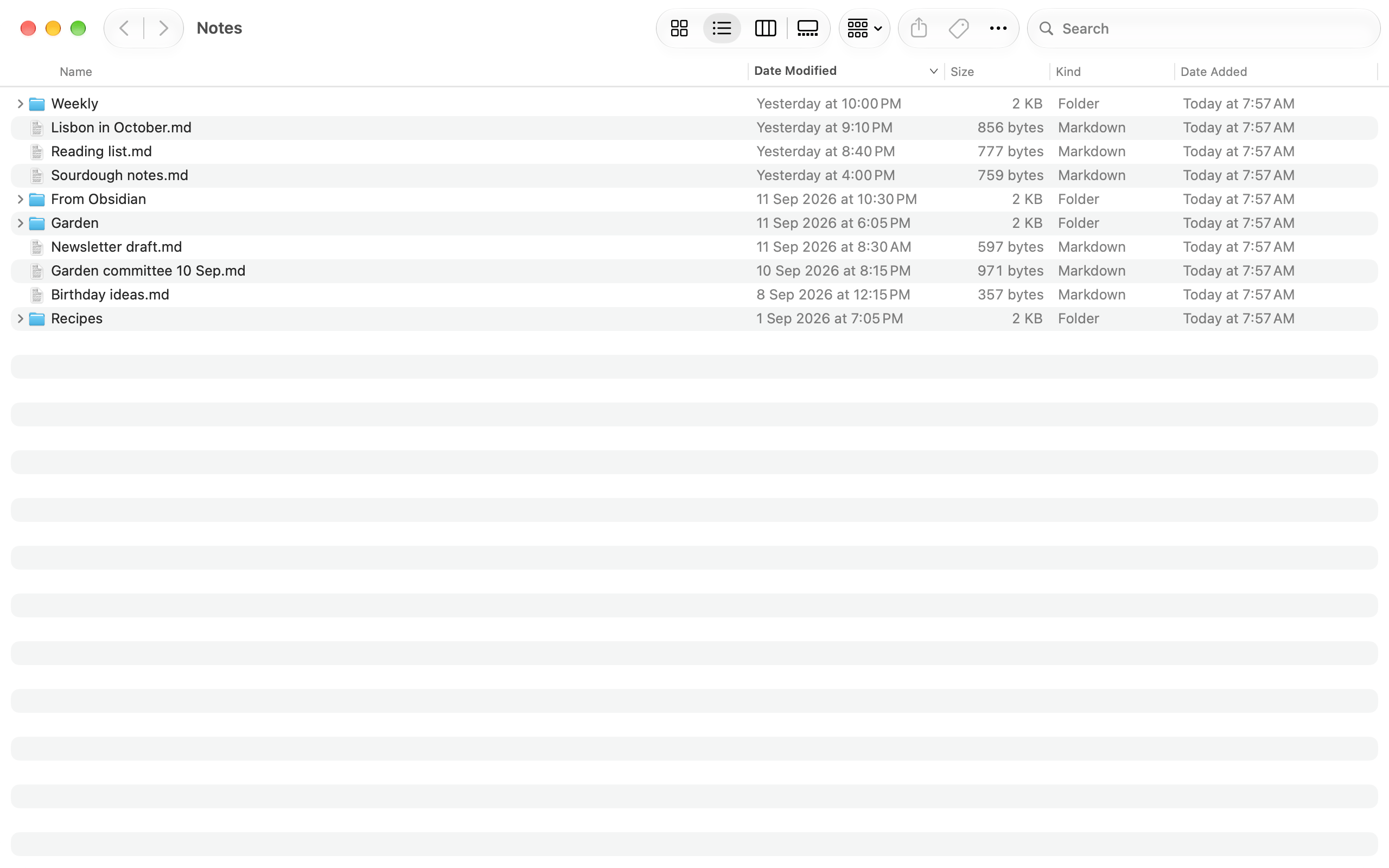 The notes folder in Finder, one Markdown file per note