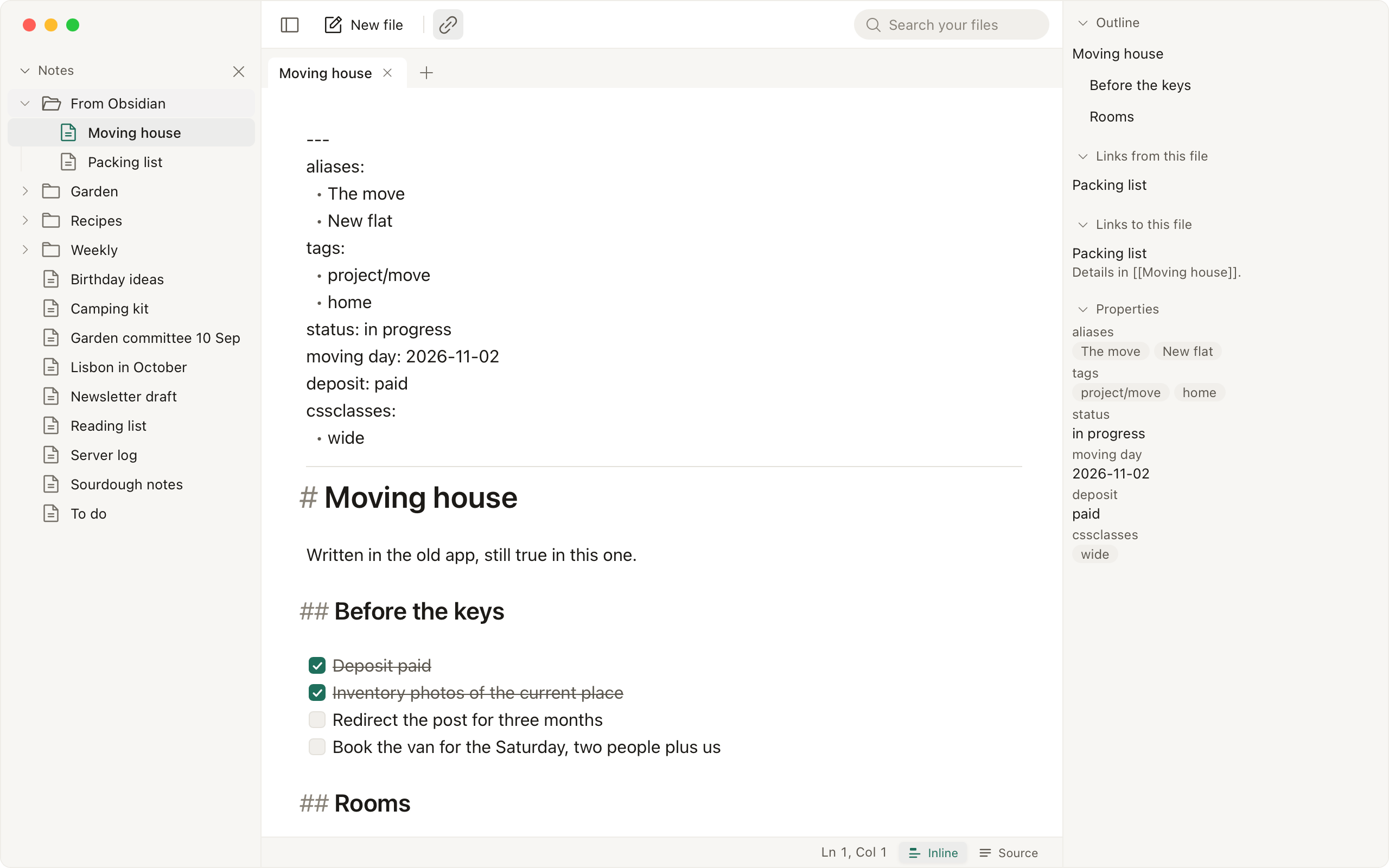 A folder written in Obsidian open in Writ: the tree in the sidebar and a Markdown file in Inline mode