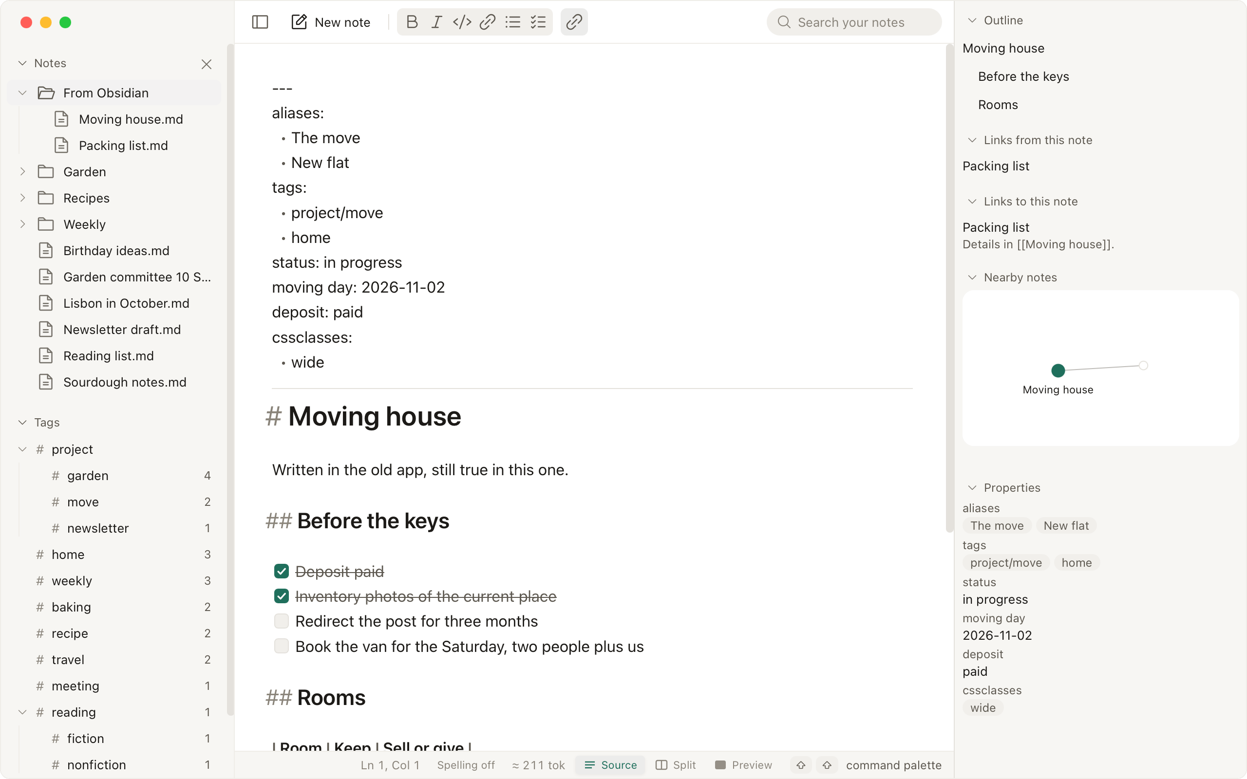 A folder written in Obsidian open in Writ: the tree in the sidebar, a note rendered beside its source