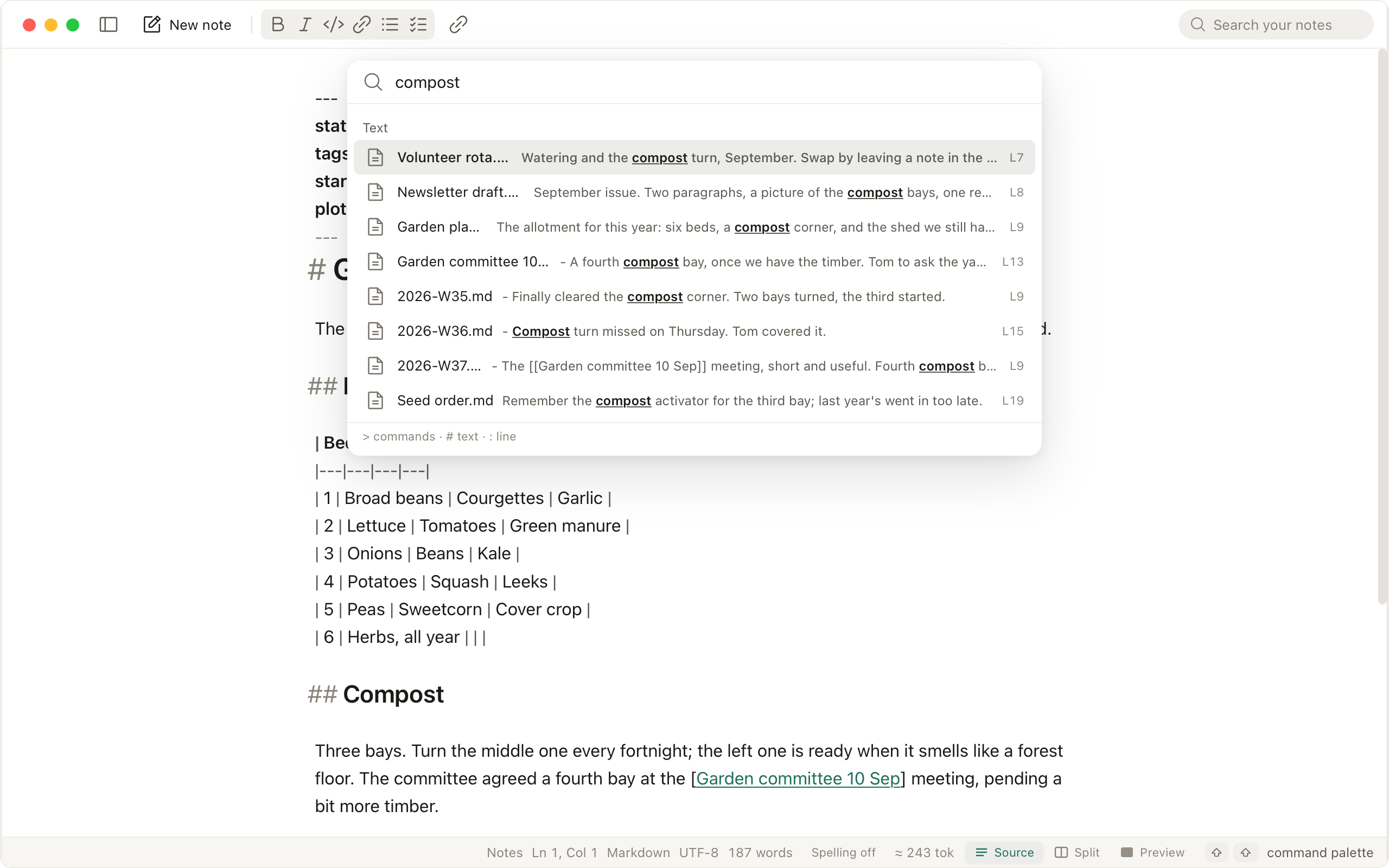 Search everywhere open, matches listed across notes