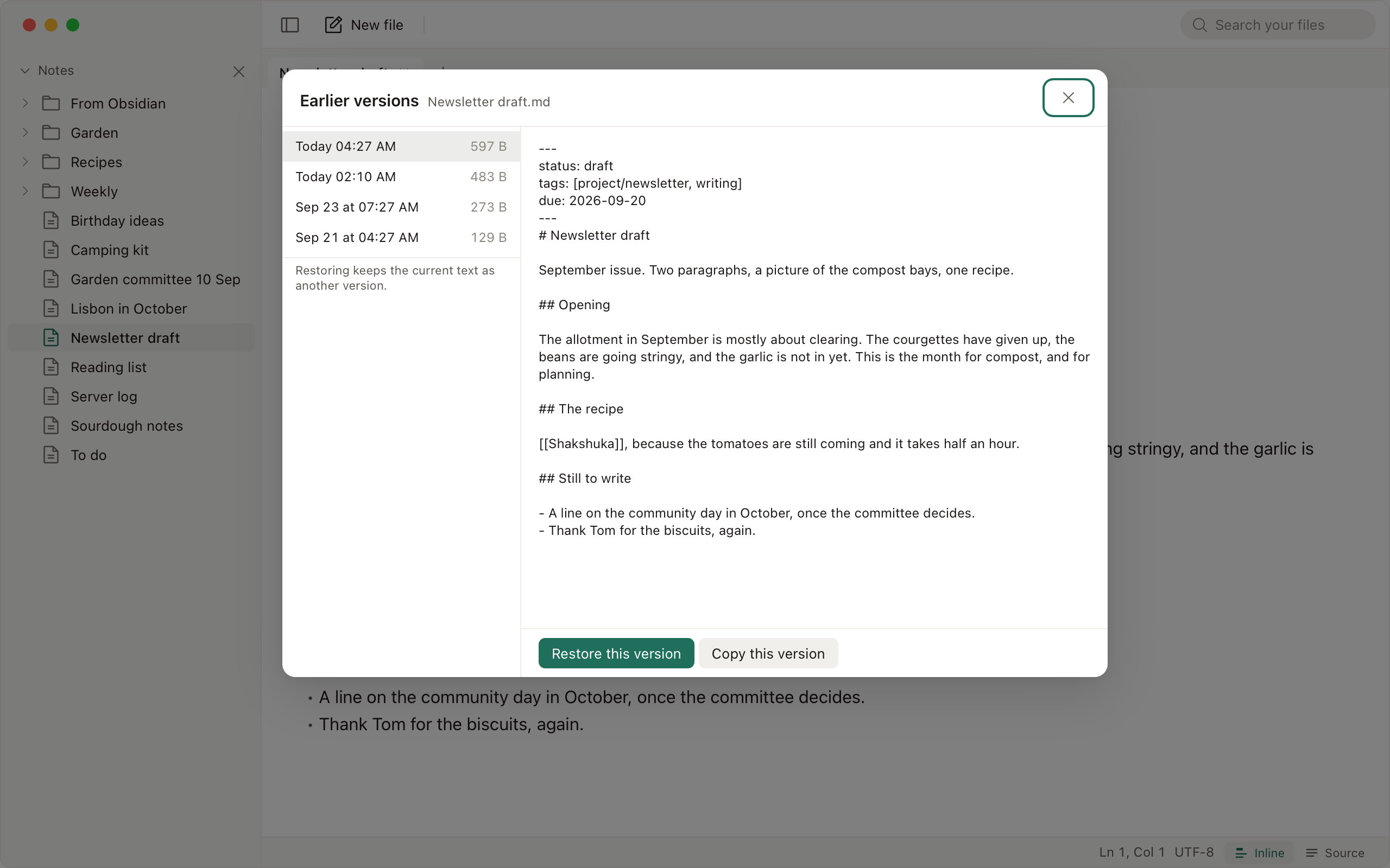 Revert To listing earlier versions of a file
